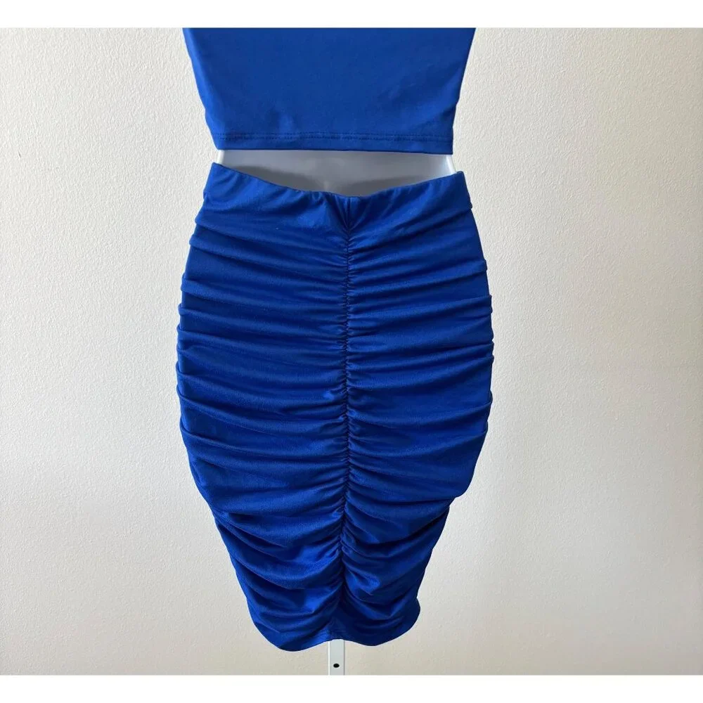 Skirt & Crop Top Set Large BodyCon Blue Ruched Y2K Glam Cyber Grunge Festival - Picture 15 of 15